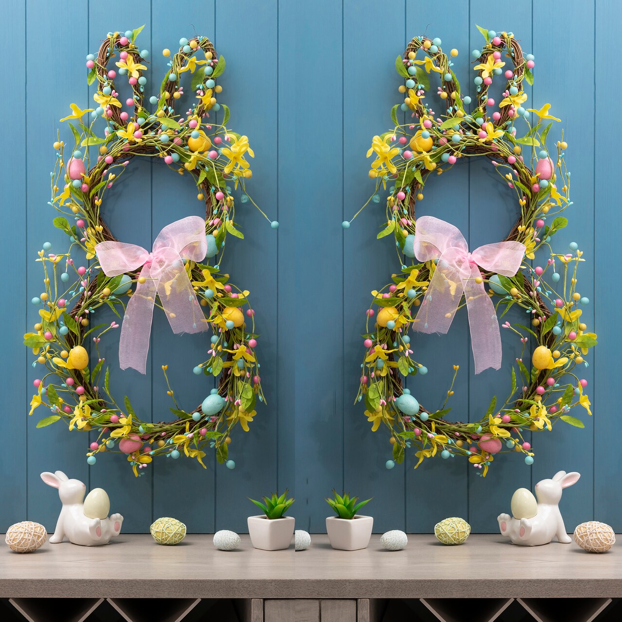 Set of 2 24.5"H Easter Spring Bunny Shaped Eggs Wreath with Satin Ribbon Bow for Front Door Wall Decor